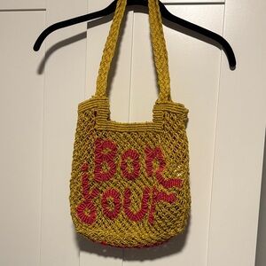 Handwoven Yellow 'Bon Jour' Tote Bag with Pink Accent